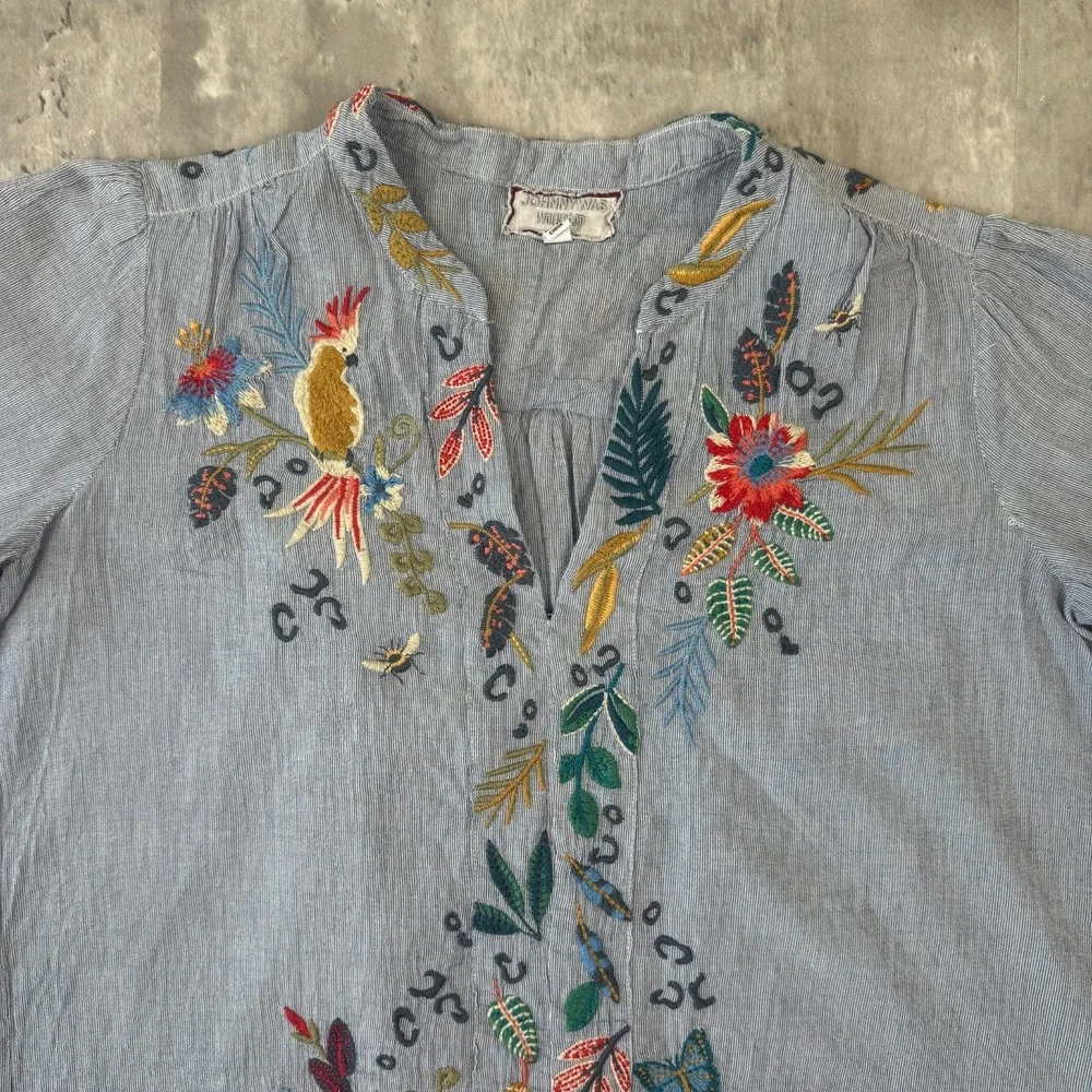 Johnny Was Indraa Puff Sleeve Blouse Women's XS Blue Stripe Embroidered W19221-2